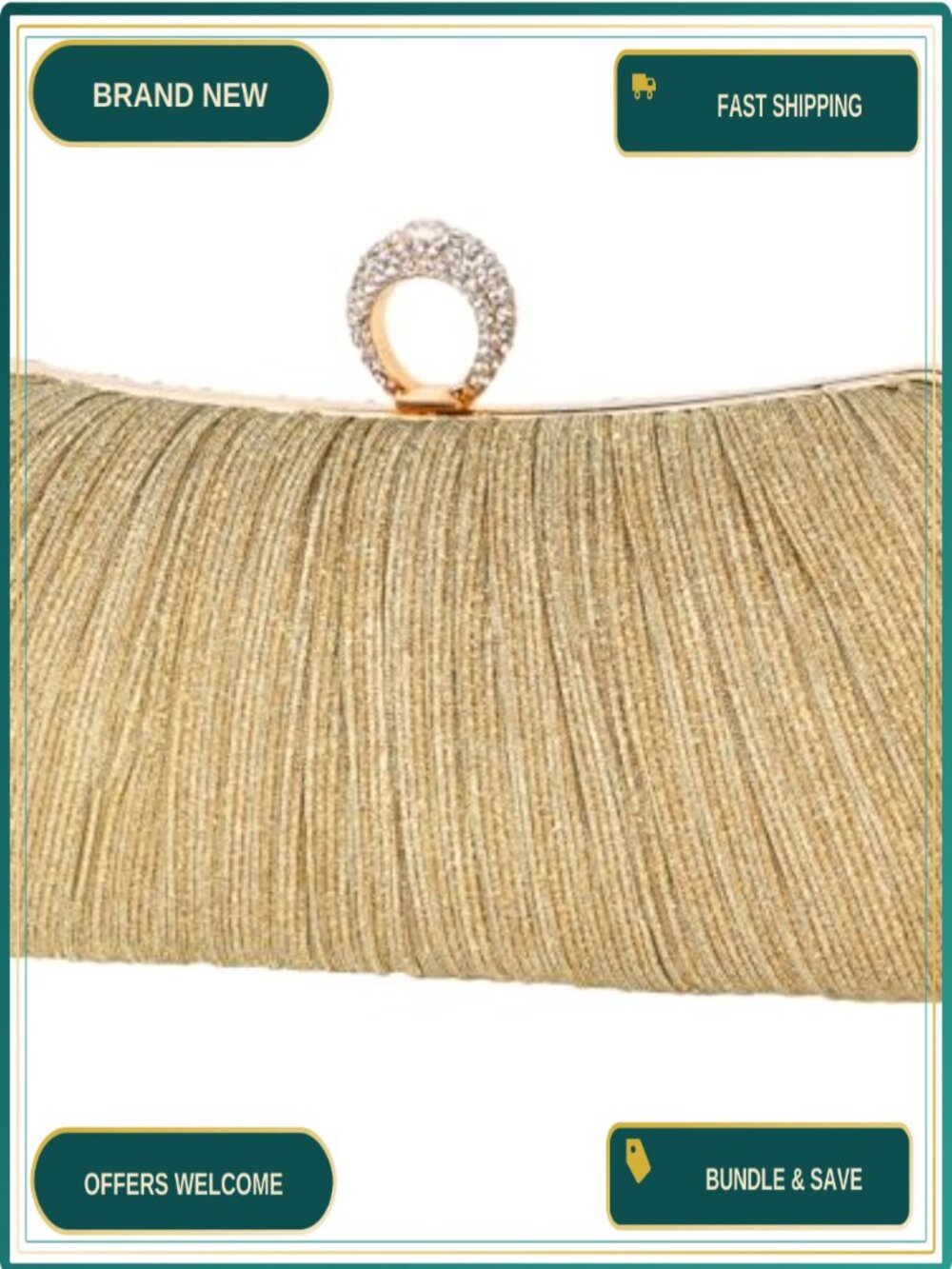 Golden Glitter Clutch Purse Pleated Evening Bag with Rhinestone Ring